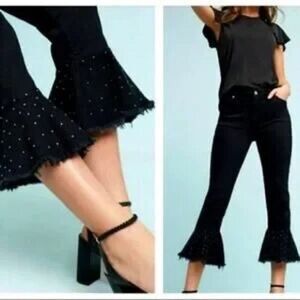 Anthropologie Pilcro Black Denim Jeans 26 Studded Flared Ruffle Hem